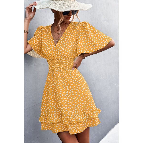 Beach Boho Maui - Printed Smocked Waist Layered Surplice Dress - Mustard - Picture 4 of 6